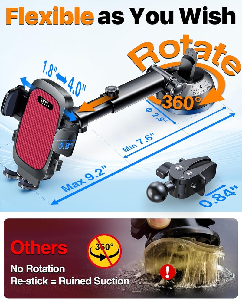 HTU 2026 Ultimate Best【True Military-Grade & Safety Cert】Car Phone Holder 【Upgraded 5-in-1 & 100+LBS Strongest Suction】360 Rotation Truck Windshield Dashboard Vent Mount Stand for iPhone Android, Red - Image 4